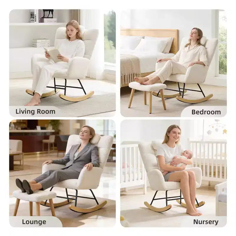 Fauteuil à bascule pour chambre d'enfant, Fauteuil à bascule rembourré Teddy avec dossier haut et accoudoirs pour salon