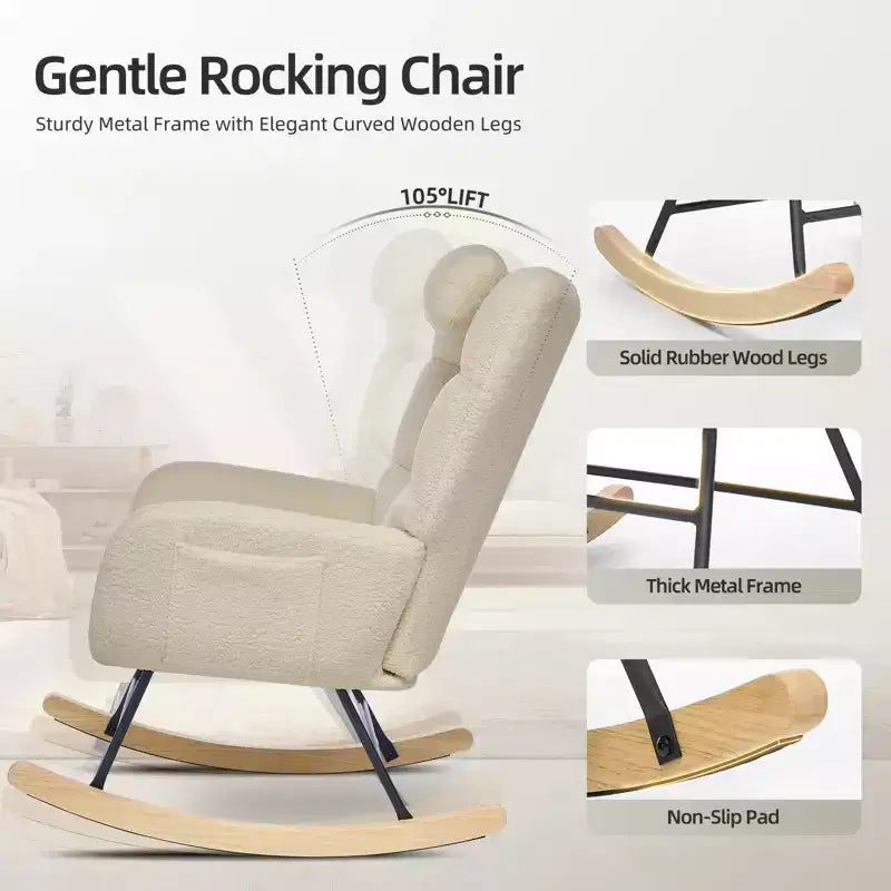 Fauteuil à bascule pour chambre d'enfant, Fauteuil à bascule rembourré Teddy avec dossier haut et accoudoirs pour salon