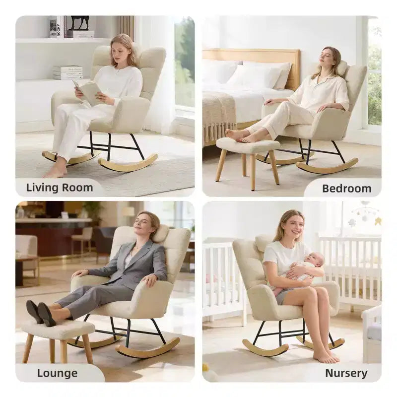 Fauteuil à bascule pour chambre d'enfant, Fauteuil à bascule rembourré Teddy avec dossier haut et accoudoirs pour salon