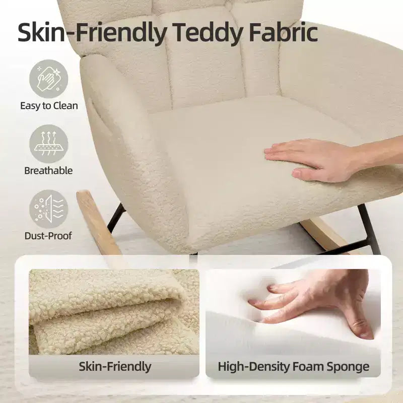 Fauteuil à bascule pour chambre d'enfant, Fauteuil à bascule rembourré Teddy avec dossier haut et accoudoirs pour salon