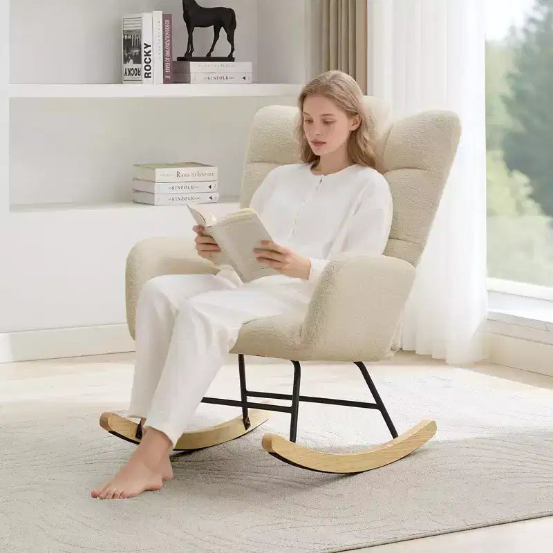 Fauteuil à bascule pour chambre d'enfant, Fauteuil à bascule rembourré Teddy avec dossier haut et accoudoirs pour salon