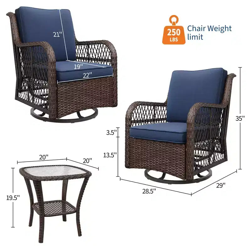 Ensemble de 3 chaises pivotantes à bascule en osier et rotin d'extérieur, chaises pivotantes à 360 degrés, table d'appoint en verre blindé pour jardin, véranda, balcon
