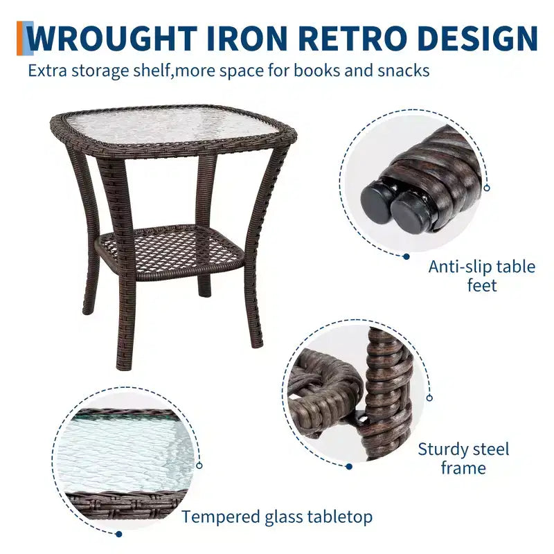 Ensemble de 3 chaises pivotantes à bascule en osier et rotin d'extérieur, chaises pivotantes à 360 degrés, table d'appoint en verre blindé pour jardin, véranda, balcon