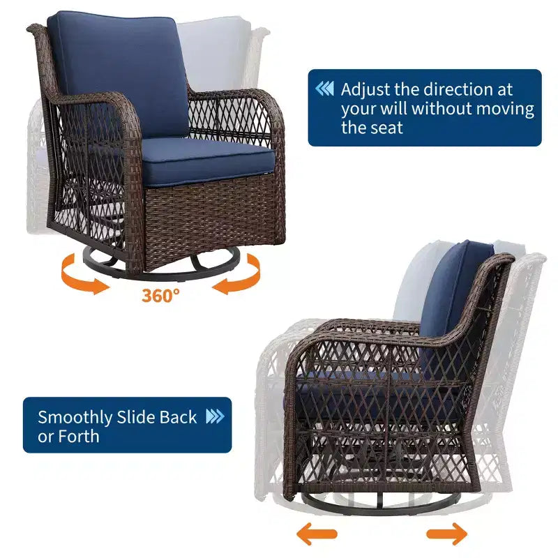 Ensemble de 3 chaises pivotantes à bascule en osier et rotin d'extérieur, chaises pivotantes à 360 degrés, table d'appoint en verre blindé pour jardin, véranda, balcon