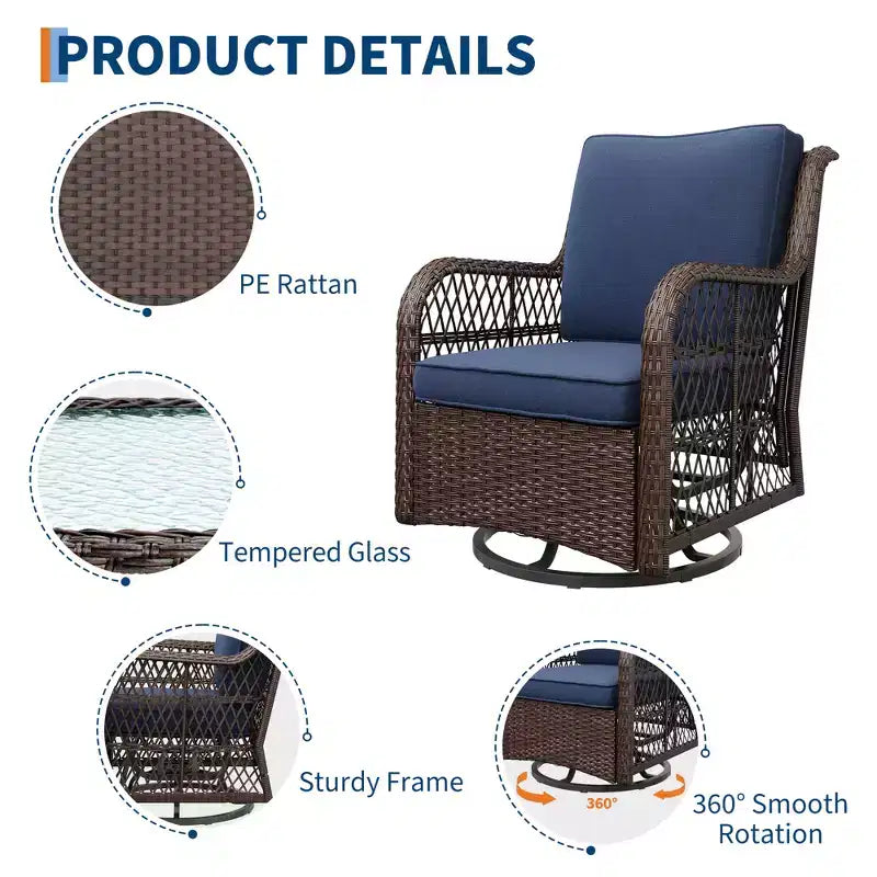 Ensemble de 3 chaises pivotantes à bascule en osier et rotin d'extérieur, chaises pivotantes à 360 degrés, table d'appoint en verre blindé pour jardin, véranda, balcon