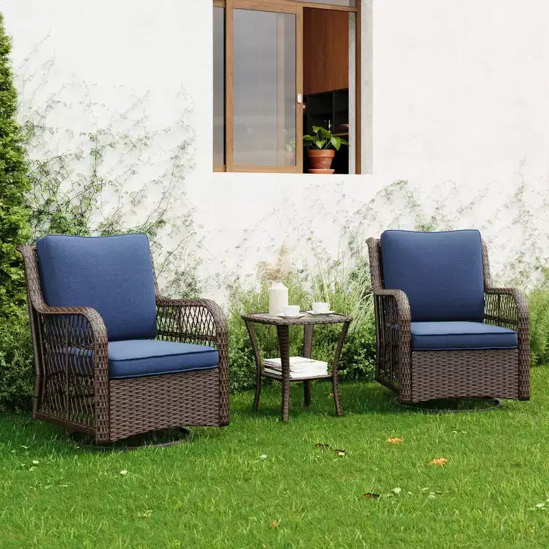 Ensemble de 3 chaises pivotantes à bascule en osier et rotin d'extérieur, chaises pivotantes à 360 degrés, table d'appoint en verre blindé pour jardin, véranda, balcon