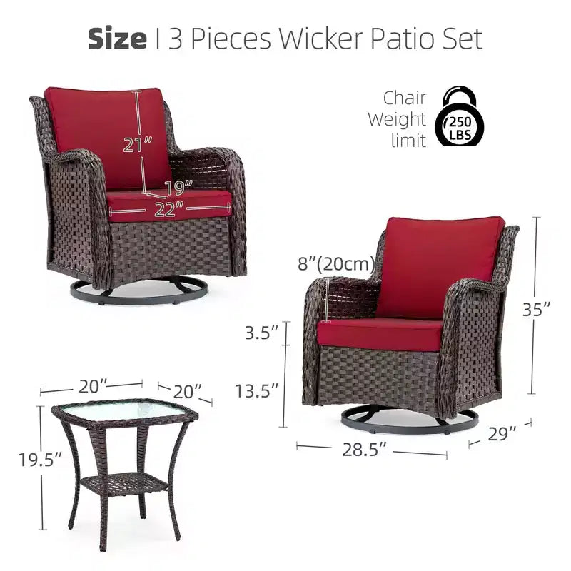 Ensemble de 3 chaises pivotantes à bascule en osier et rotin d'extérieur, chaises pivotantes à 360 degrés, table d'appoint en verre blindé pour jardin, véranda, balcon