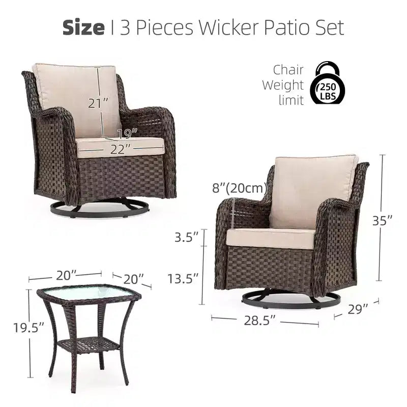 Ensemble de 3 chaises pivotantes à bascule en osier et rotin d'extérieur, chaises pivotantes à 360 degrés, table d'appoint en verre blindé pour jardin, véranda, balcon