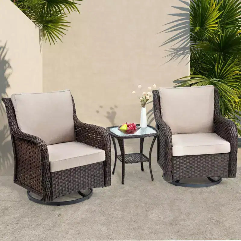 Ensemble de 3 chaises pivotantes à bascule en osier et rotin d'extérieur, chaises pivotantes à 360 degrés, table d'appoint en verre blindé pour jardin, véranda, balcon