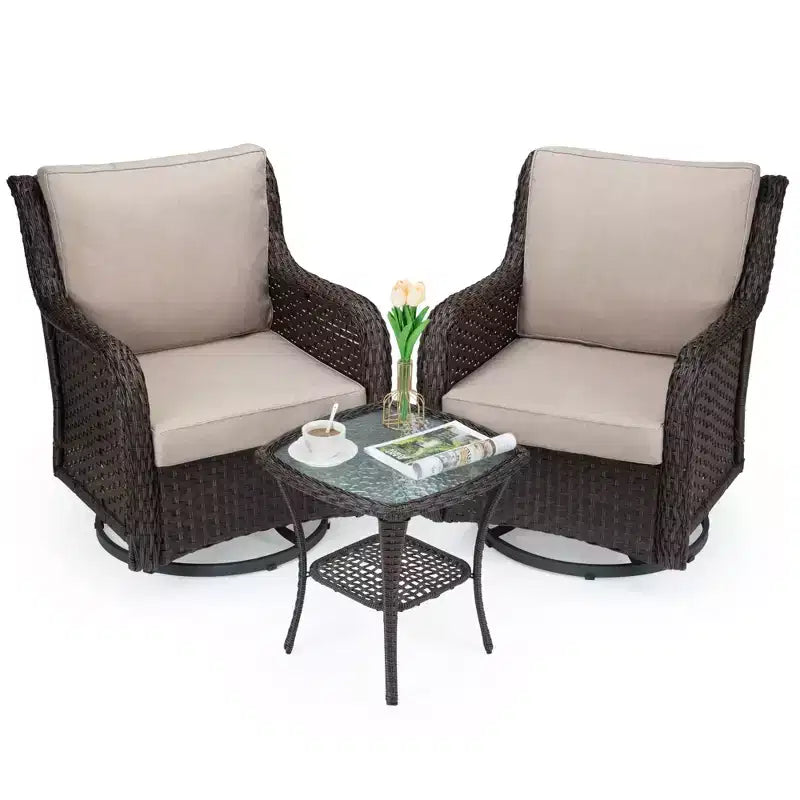 3 Pcs Outdoor Wicker Rattan Swivel Rocking Chair Set, 360-Degree Swivel Rocking Chair, Armored Glass Side Table for Backyard, Porch, Balcony, Garden