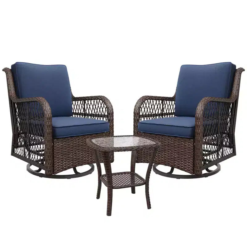 Ensemble de 3 chaises pivotantes à bascule en osier et rotin d'extérieur, chaises pivotantes à 360 degrés, table d'appoint en verre blindé pour jardin, véranda, balcon