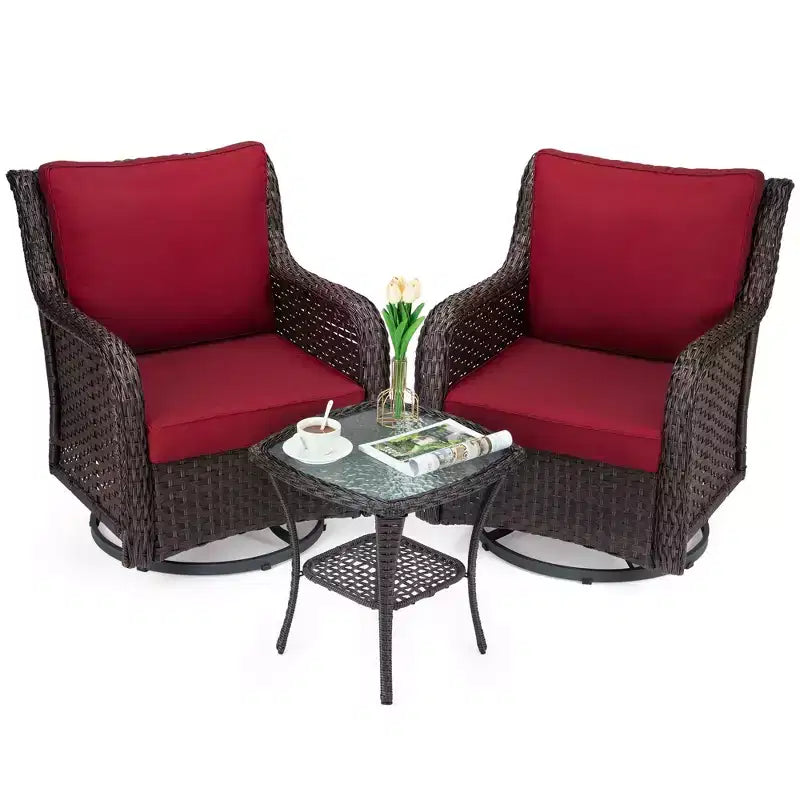 Ensemble de 3 chaises pivotantes à bascule en osier et rotin d'extérieur, chaises pivotantes à 360 degrés, table d'appoint en verre blindé pour jardin, véranda, balcon