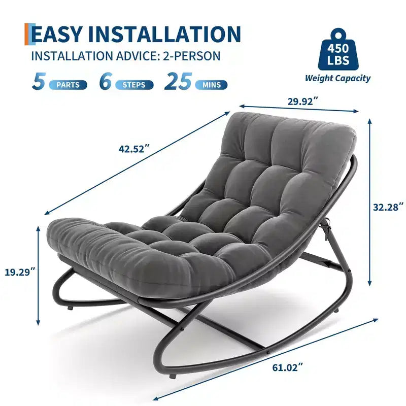 Fauteuil à bascule Papasan, fauteuil à bascule Papasan surdimensionné avec coussin épais, cadre en métal robuste, convient pour la chambre à coucher, le salon, le jardin, gris