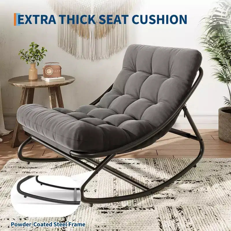 Fauteuil à bascule Papasan, fauteuil à bascule Papasan surdimensionné avec coussin épais, cadre en métal robuste, convient pour la chambre à coucher, le salon, le jardin, gris