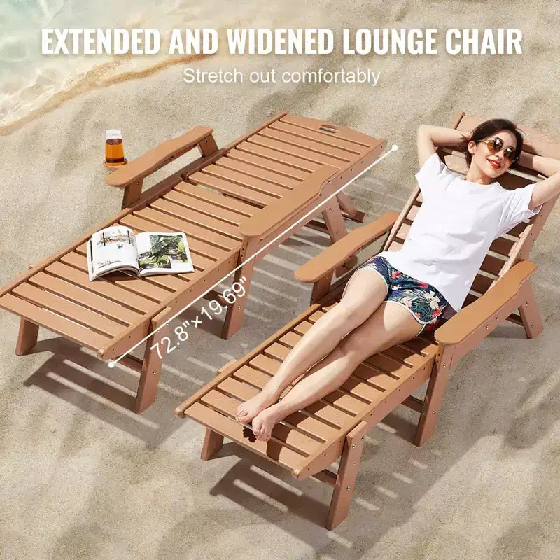 Chaise longue d'extérieur en PEHD à 6 positions, dossier réglable, porte-gobelet, 180 kg, marron