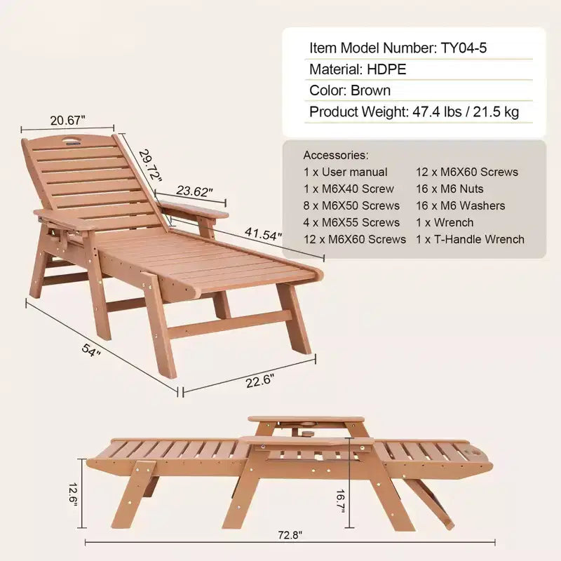 Chaise longue d'extérieur en PEHD à 6 positions, dossier réglable, porte-gobelet, 180 kg, marron