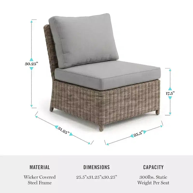 Fauteuil central de canapé modulaire Martha Stewart Lily Pond, en rotin tressé gris patiné, avec coussins gris résistants aux intempéries, pour intérieur et extérieur
