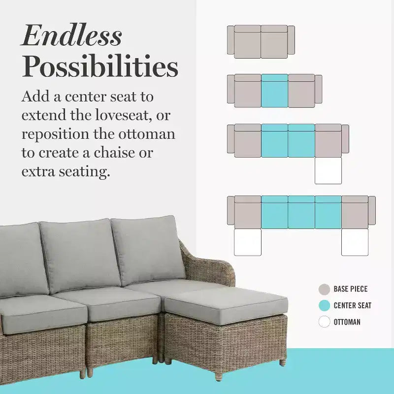Fauteuil central de canapé modulaire Martha Stewart Lily Pond, en rotin tressé gris patiné, avec coussins gris résistants aux intempéries, pour intérieur et extérieur