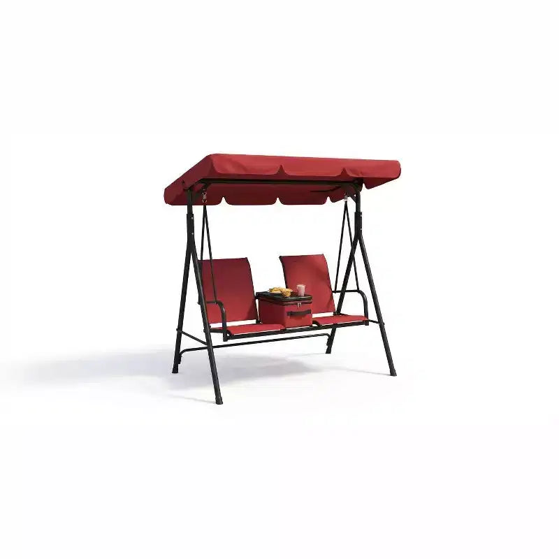 Balançoire de porche extérieure 2 places avec auvent, porte-gobelets et table de rangement pivotante, cadre en acier résistant aux intempéries