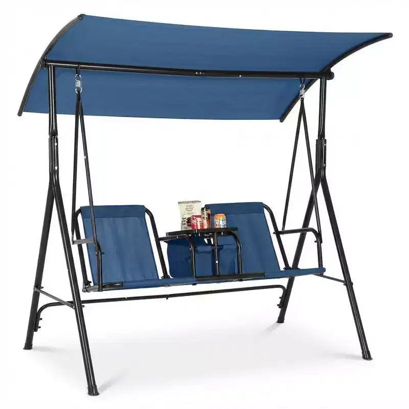 Balançoire de porche extérieure 2 places avec auvent, porte-gobelets et table de rangement pivotante, cadre en acier résistant aux intempéries