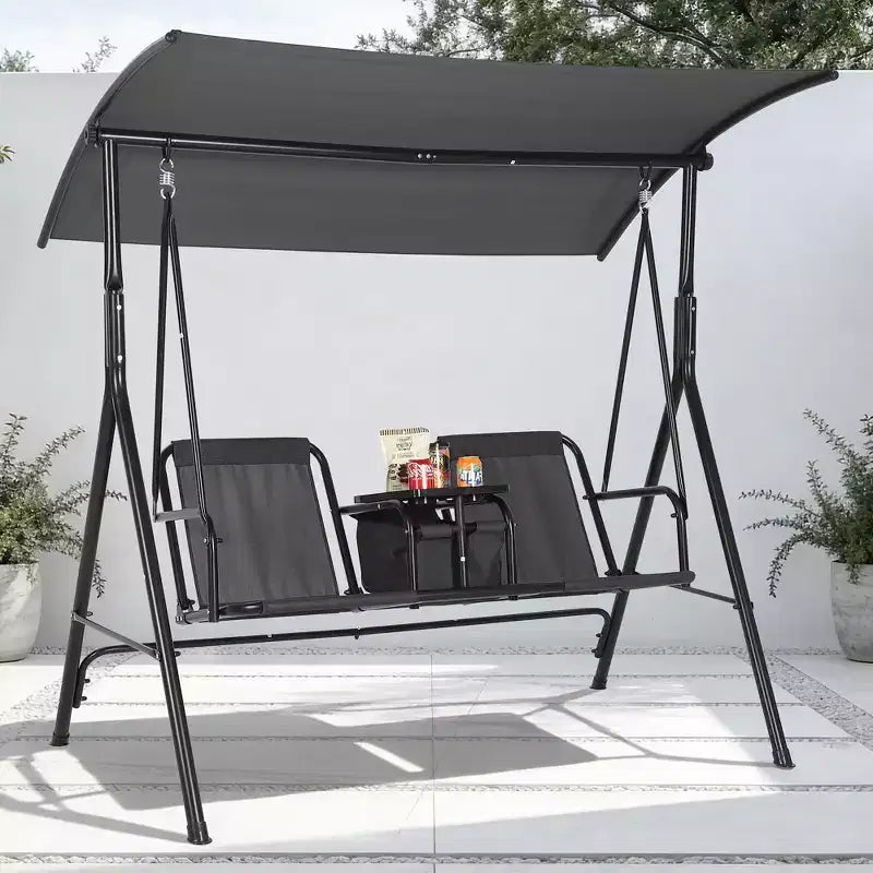 2-Person Outdoor Porch Swing with Canopy, Cup Holders & Pivot Storage Table, Weather-Resistant Steel Frame