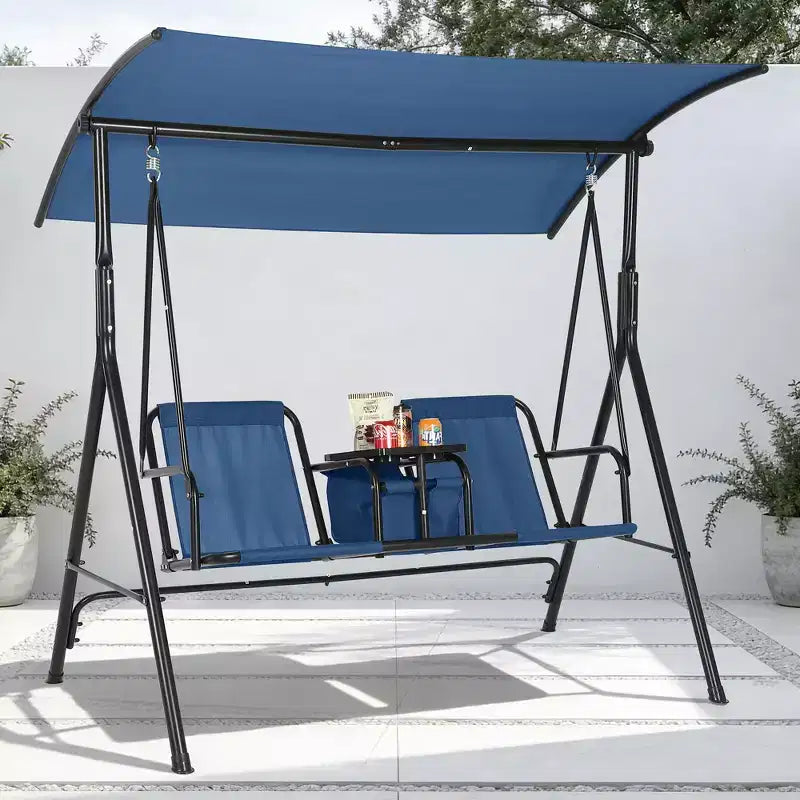 Balançoire de porche extérieure 2 places avec auvent, porte-gobelets et table de rangement pivotante, cadre en acier résistant aux intempéries