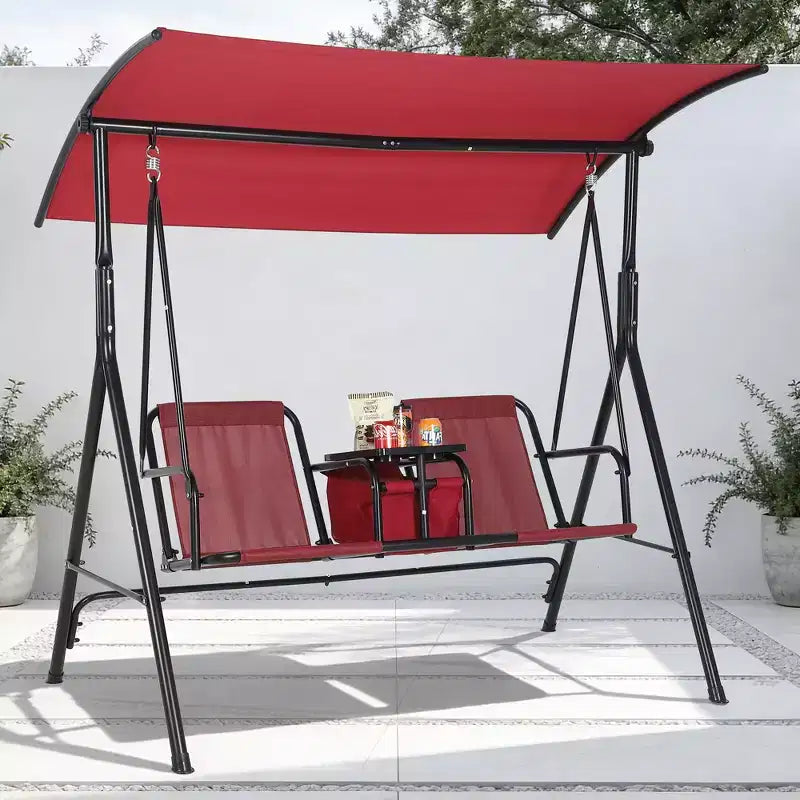 Balançoire de porche extérieure 2 places avec auvent, porte-gobelets et table de rangement pivotante, cadre en acier résistant aux intempéries