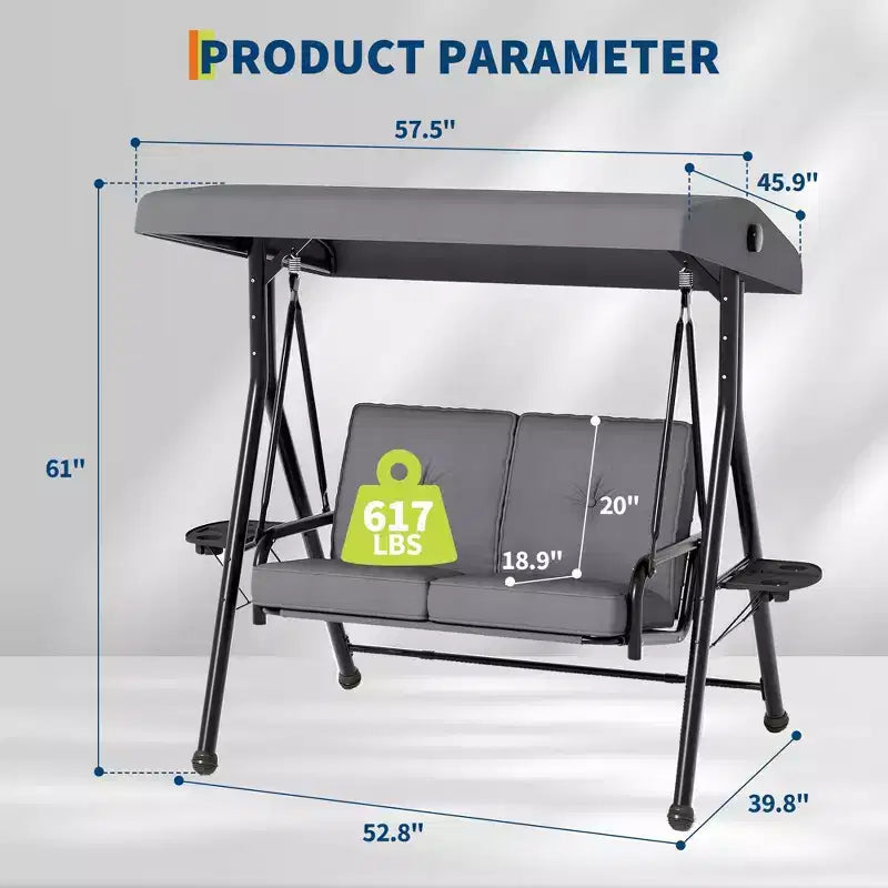 Balançoire de patio 2 en 1 réglable pour 2 personnes avec auvent, porte-gobelets et coussins épais, cadre en acier résistant aux intempéries