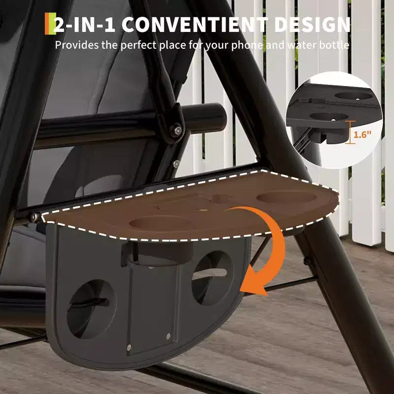 Balançoire de patio 2 en 1 réglable pour 2 personnes avec auvent, porte-gobelets et coussins épais, cadre en acier résistant aux intempéries