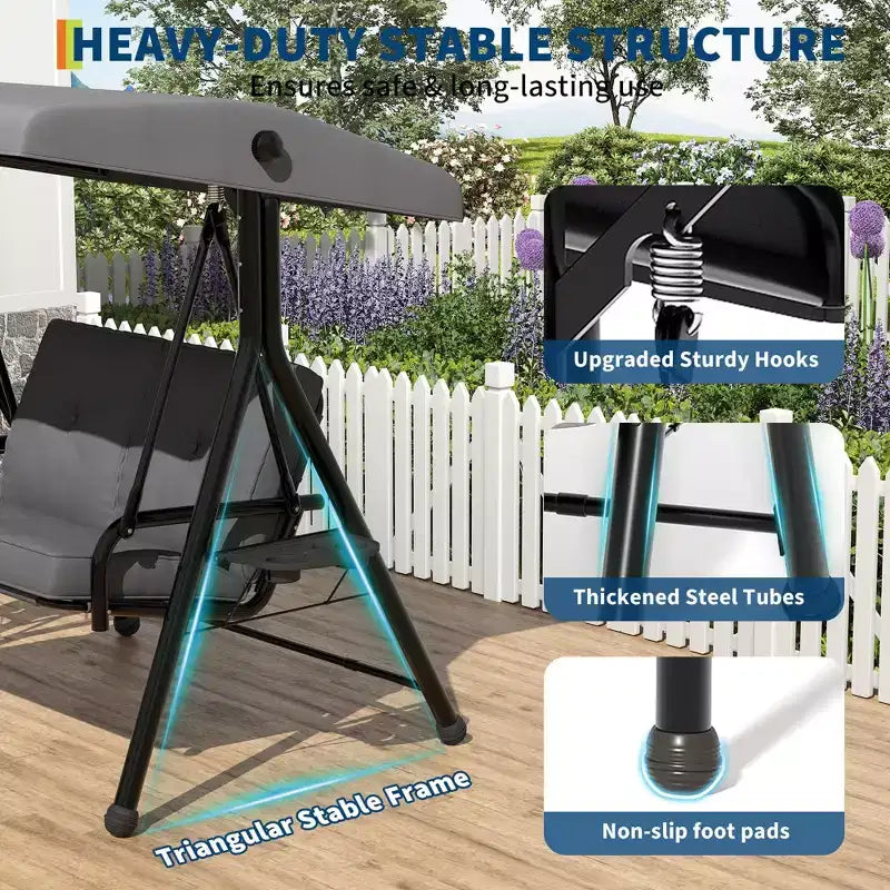 Balançoire de patio 2 en 1 réglable pour 2 personnes avec auvent, porte-gobelets et coussins épais, cadre en acier résistant aux intempéries
