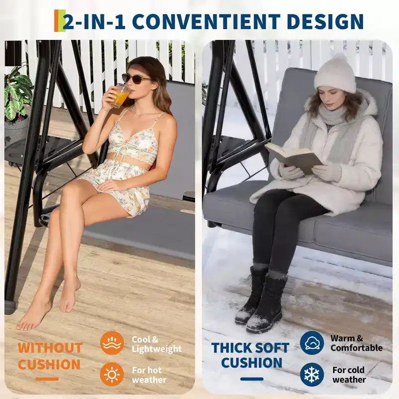 Balançoire de patio 2 en 1 réglable pour 2 personnes avec auvent, porte-gobelets et coussins épais, cadre en acier résistant aux intempéries