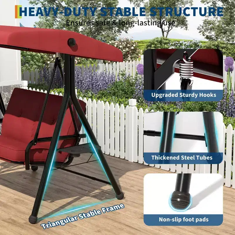Balançoire de patio 2 en 1 réglable pour 2 personnes avec auvent, porte-gobelets et coussins épais, cadre en acier résistant aux intempéries