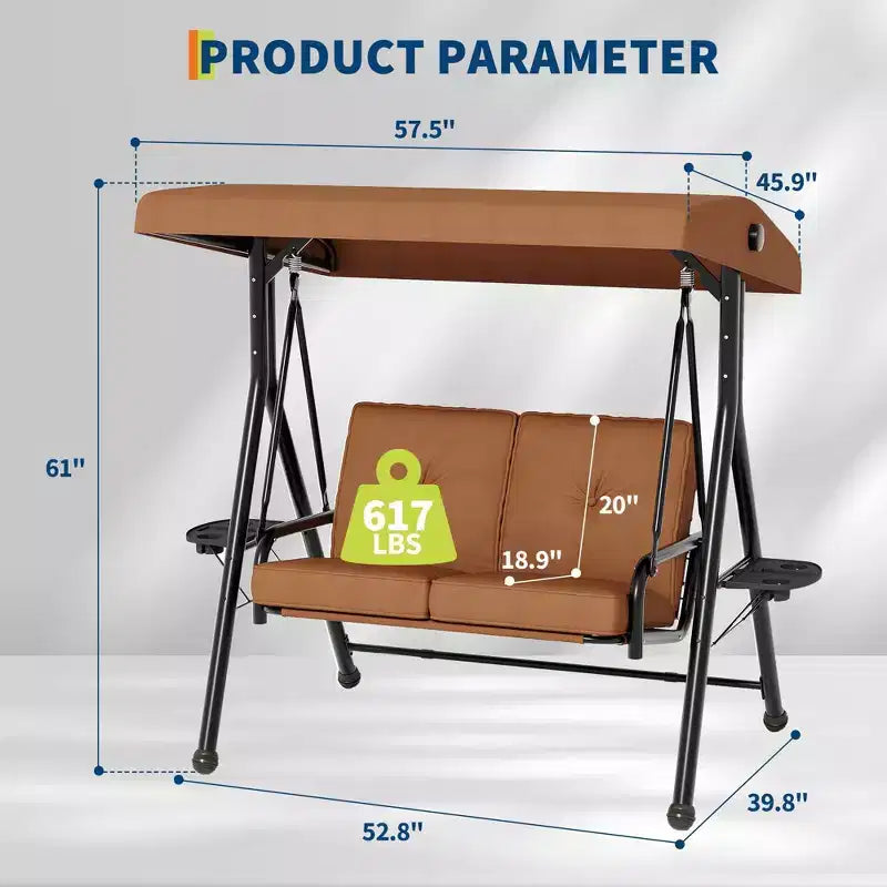 Balançoire de patio 2 en 1 réglable pour 2 personnes avec auvent, porte-gobelets et coussins épais, cadre en acier résistant aux intempéries