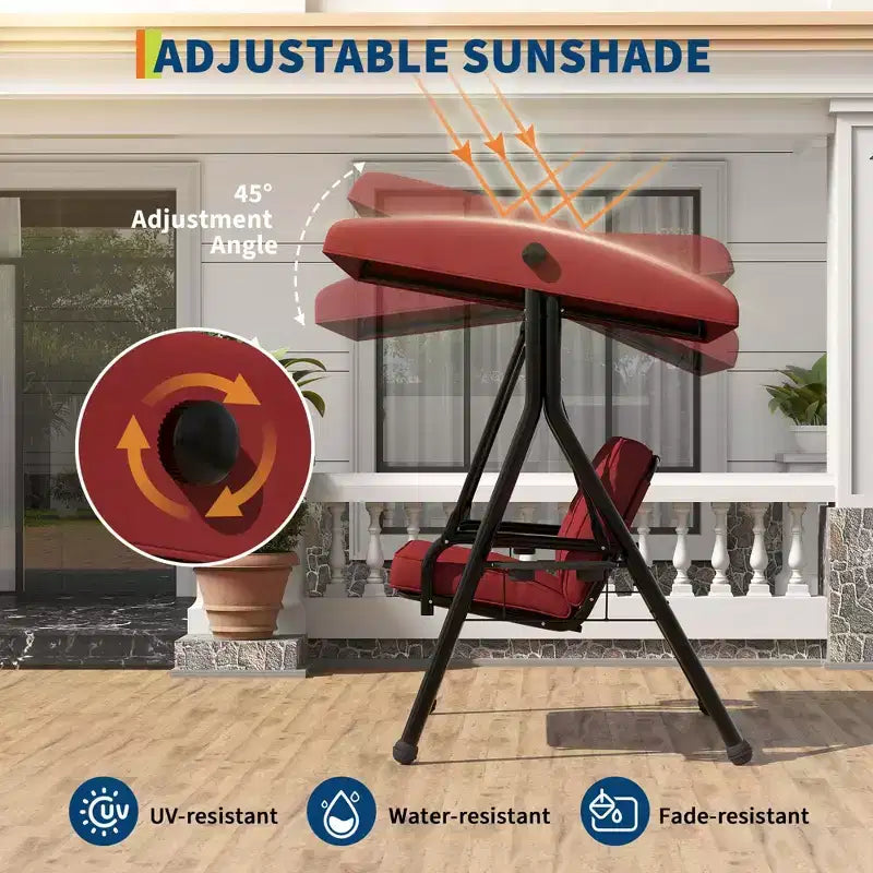 Balançoire de patio 2 en 1 réglable pour 2 personnes avec auvent, porte-gobelets et coussins épais, cadre en acier résistant aux intempéries