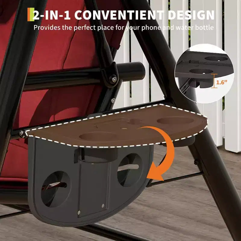 Balançoire de patio 2 en 1 réglable pour 2 personnes avec auvent, porte-gobelets et coussins épais, cadre en acier résistant aux intempéries
