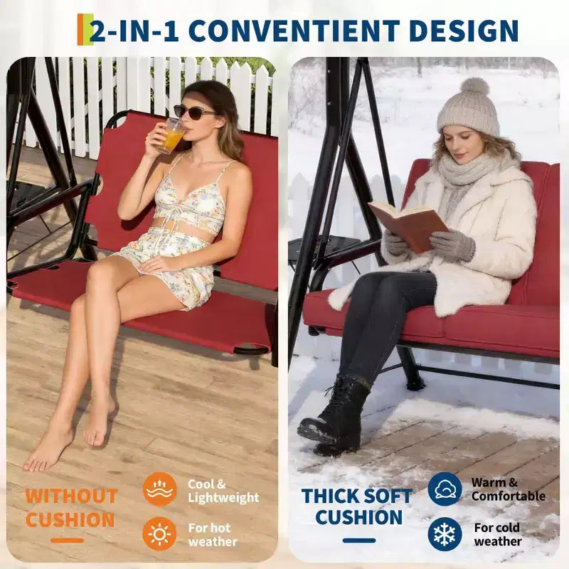 Balançoire de patio 2 en 1 réglable pour 2 personnes avec auvent, porte-gobelets et coussins épais, cadre en acier résistant aux intempéries