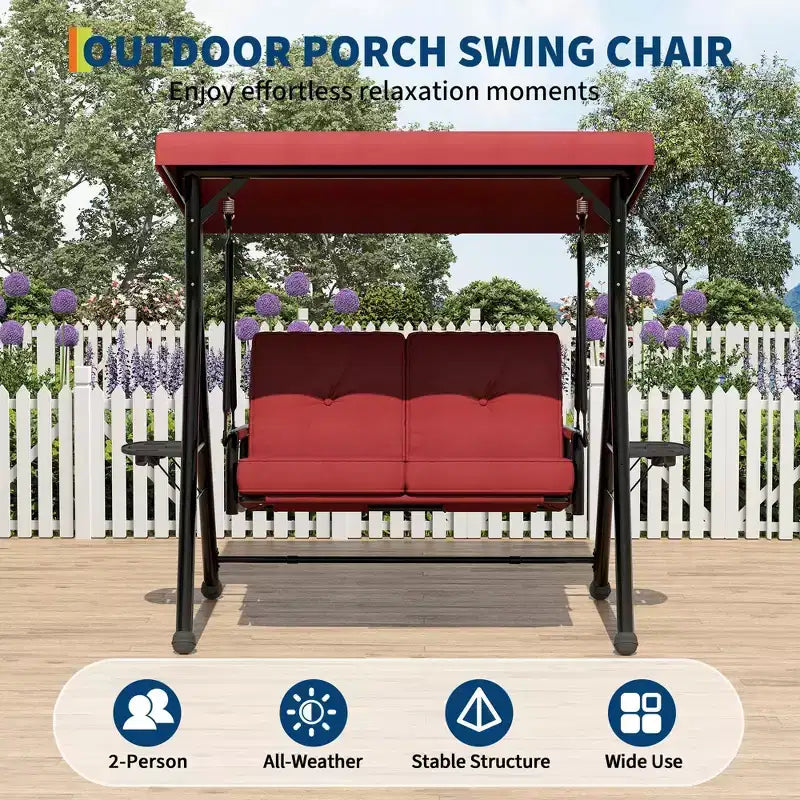 Balançoire de patio 2 en 1 réglable pour 2 personnes avec auvent, porte-gobelets et coussins épais, cadre en acier résistant aux intempéries