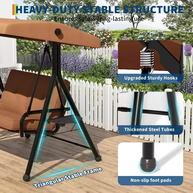 Balançoire de patio 2 en 1 réglable pour 2 personnes avec auvent, porte-gobelets et coussins épais, cadre en acier résistant aux intempéries