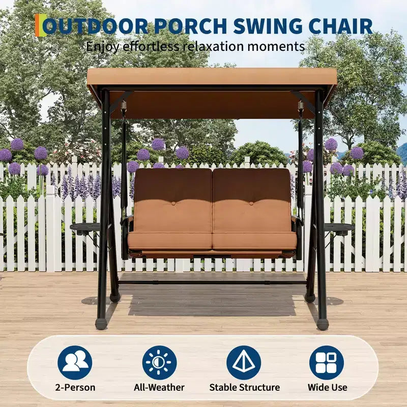 Balançoire de patio 2 en 1 réglable pour 2 personnes avec auvent, porte-gobelets et coussins épais, cadre en acier résistant aux intempéries