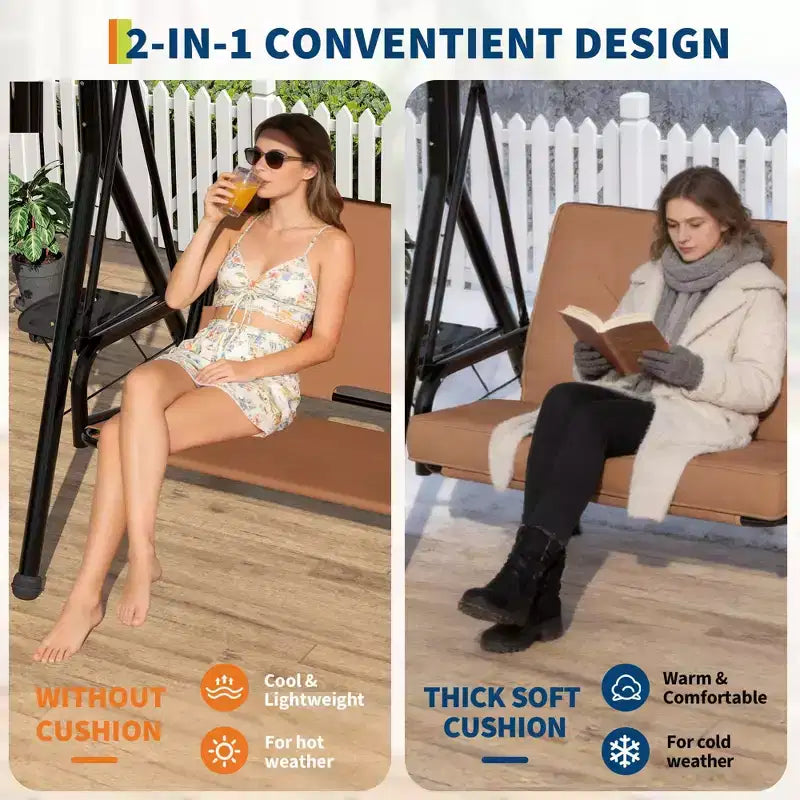 Balançoire de patio 2 en 1 réglable pour 2 personnes avec auvent, porte-gobelets et coussins épais, cadre en acier résistant aux intempéries