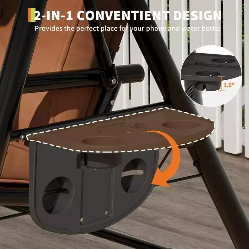 Balançoire de patio 2 en 1 réglable pour 2 personnes avec auvent, porte-gobelets et coussins épais, cadre en acier résistant aux intempéries