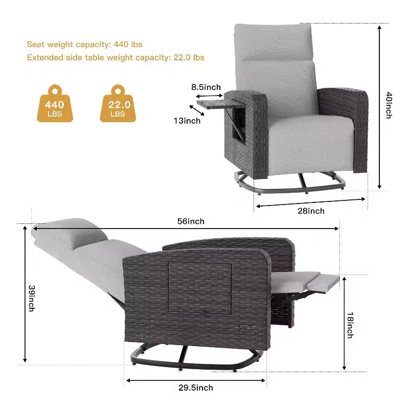 Chaise pivotante ALAULM, fauteuil inclinable multifonctionnel en rotin avec repose-pieds, tablette, entièrement inclinable pour patio, salons et chambres à coucher