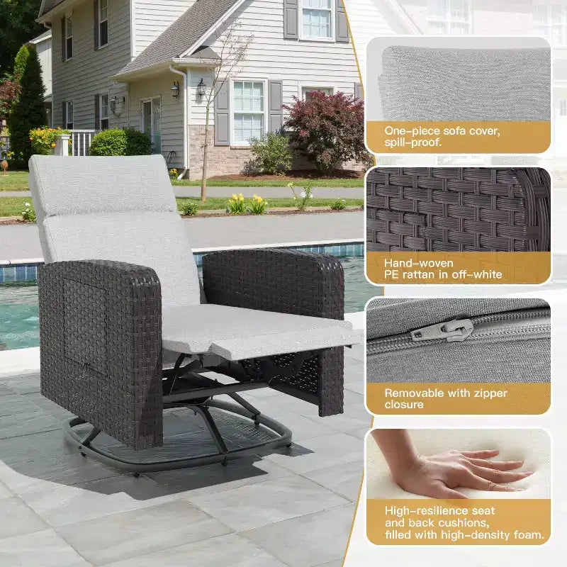 Chaise pivotante ALAULM, fauteuil inclinable multifonctionnel en rotin avec repose-pieds, tablette, entièrement inclinable pour patio, salons et chambres à coucher