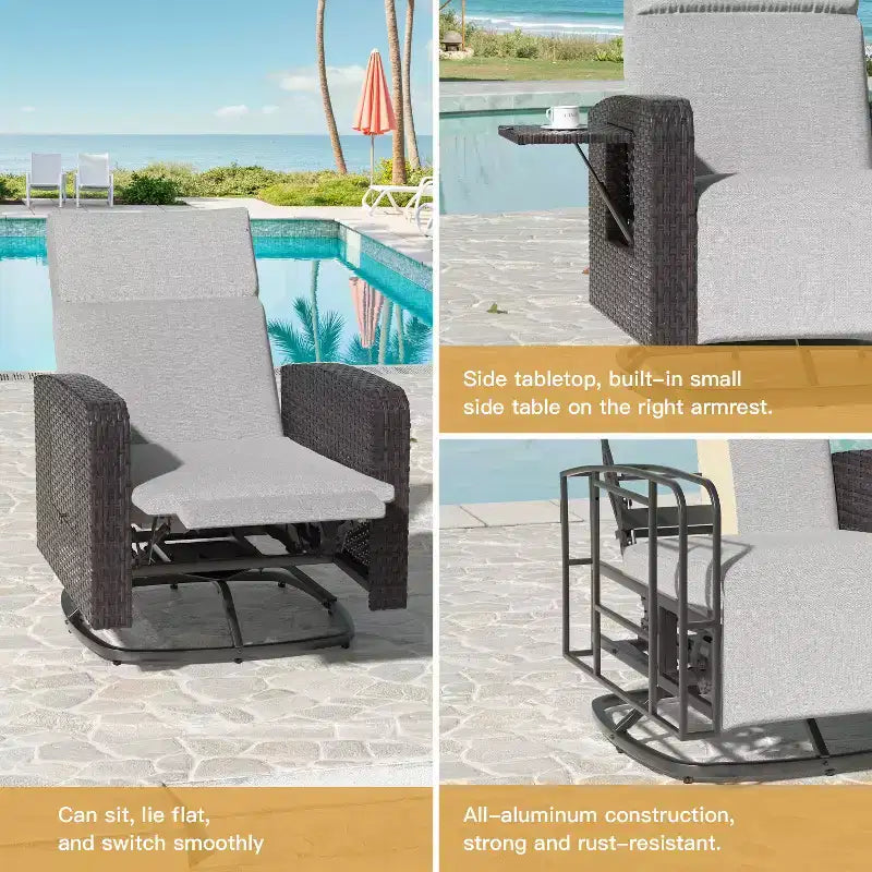 Chaise pivotante ALAULM, fauteuil inclinable multifonctionnel en rotin avec repose-pieds, tablette, entièrement inclinable pour patio, salons et chambres à coucher