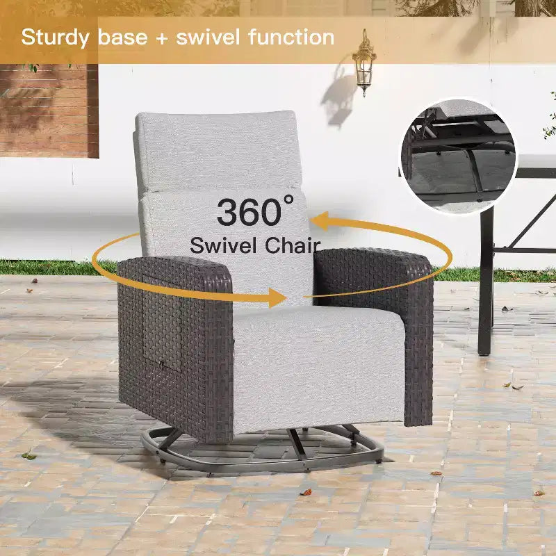 Chaise pivotante ALAULM, fauteuil inclinable multifonctionnel en rotin avec repose-pieds, tablette, entièrement inclinable pour patio, salons et chambres à coucher