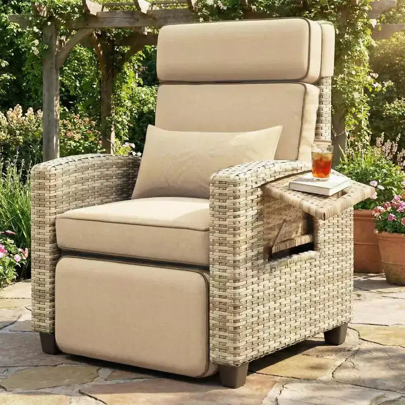 Outdoor Recliner Chair with 145 Adjustable Backrest & Footrest-All-Weather PE Wicker Lounge Chair with Cushion,Side Table for Poolside,Deck&Balcony