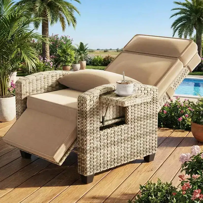 Chaise longue d'extérieur avec dossier et repose-pieds réglables à 145° - Chaise longue en rotin PE résistant aux intempéries avec coussin et table d'appoint pour piscine, terrasse et balcon
