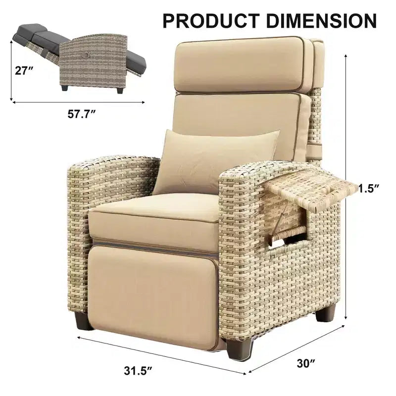 Chaise longue d'extérieur avec dossier et repose-pieds réglables à 145° - Chaise longue en rotin PE résistant aux intempéries avec coussin et table d'appoint pour piscine, terrasse et balcon