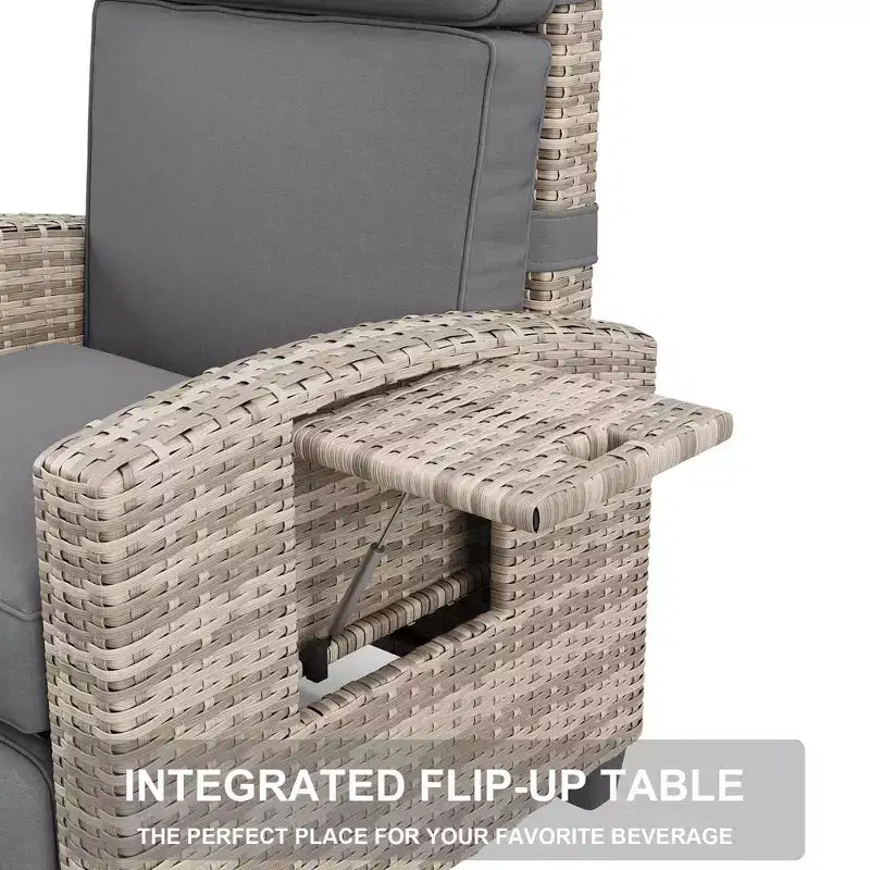 Chaise longue d'extérieur avec dossier et repose-pieds réglables à 145° - Chaise longue en rotin PE résistant aux intempéries avec coussin et table d'appoint pour piscine, terrasse et balcon