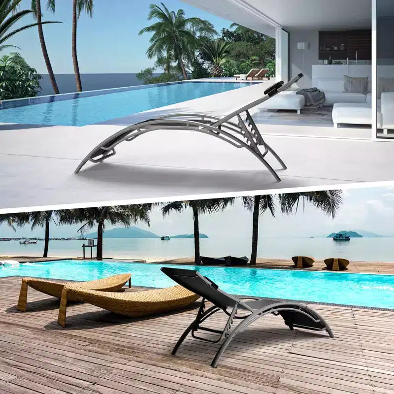 Ensemble de 2 chaises longues modernes en aluminium pour terrasse, chaises longues inclinables d'extérieur tout temps avec accoudoirs, idéales pour la plage, la piscine, les bains de soleil et la pelouse